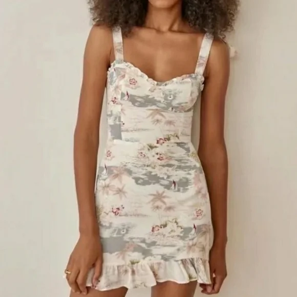 Reformation Christine Mini Dress Size 8 Long Beach Tie Shoulder Tropical - Picture 6 of 6